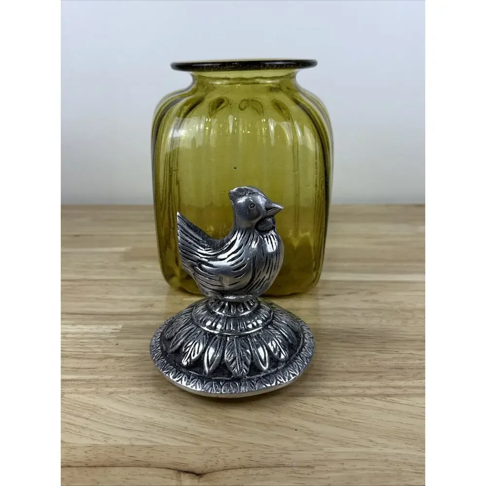 Vintage Amber Golden Yellow Glass Ribbed Canister With Pewter Rooster Top 12”